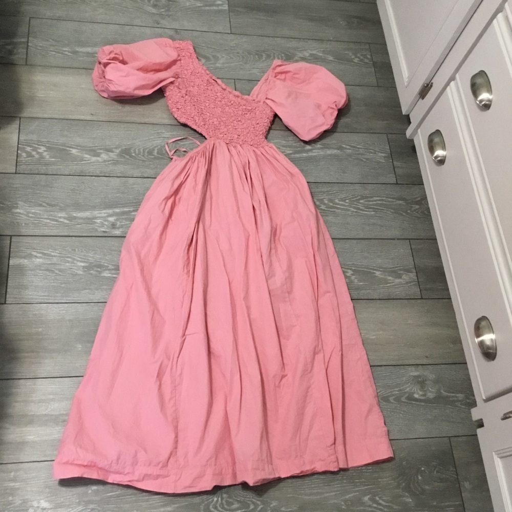 Free People KALINA Smocked Asymmetrical Puff Sleeve Cut Out Midi Dress XS - Picture 6 of 16